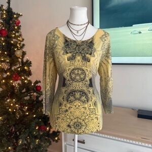 Energe World Wear Y2K Boho Ornate Print Beaded Top Fairycore Indie Shirt Size L